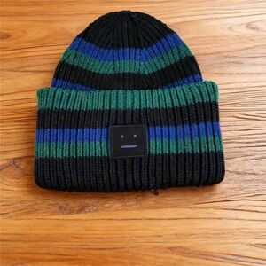 Acne Black, Blue, and Green Striped Beanie